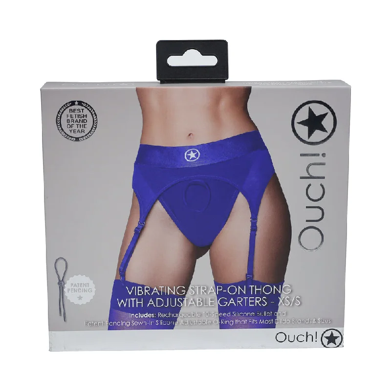 adult toys with sleek texture-Ouch! Vibrating Strap-on Thong with Adjustable Garters Royal Blue XS/S