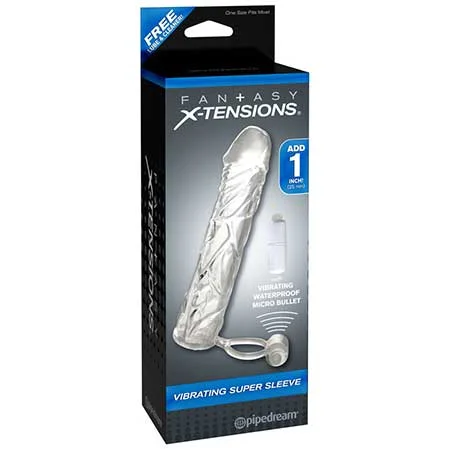 adult toys with textured material finish-Pipedream Fantasy X-tensions Vibrating Super Sleeve 1 in. Extension With Ball Strap Clear