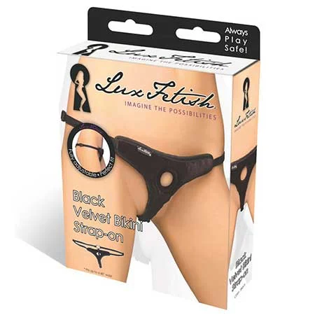 adult toys with quiet design finish-Lux Fetish Black Velvet Bikini Strap-On