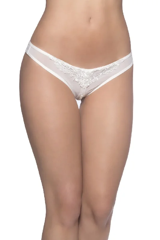 adult toys with soft texture design-Crotchless Thong With Pearls and Venise Detail - White - One Size