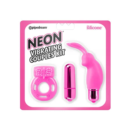 adult toys with sleek finish-Pipedream Neon 3-Piece Silicone Vibrating Couples Kit Pink