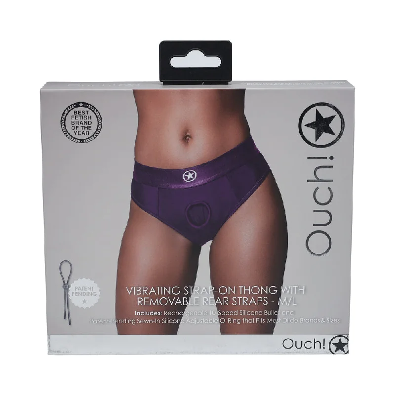 adult toys with smart settings-Ouch! Vibrating Strap-on Thong with Removable Butt Straps Purple M/L