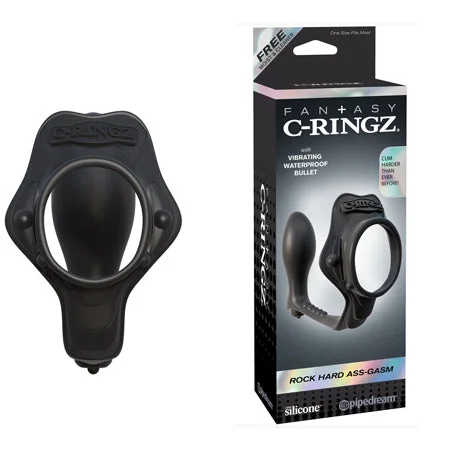 adult toys with vibration modes-Pipedream Fantasy C-Ringz Rock Hard Ass-Gasm Vibrating Silicone Cockring With Anal Plug Black