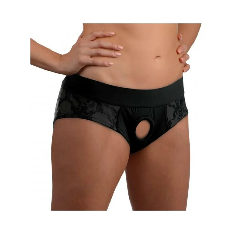 adult toys for private intimacy-Lace Envy Black Crotchless Panty Harness - S-m