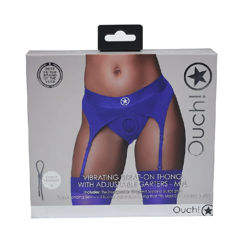 adult toys with smooth finish-Ouch! Vibrating Strap-on Thong with Adjustable Garters Royal Blue M/L