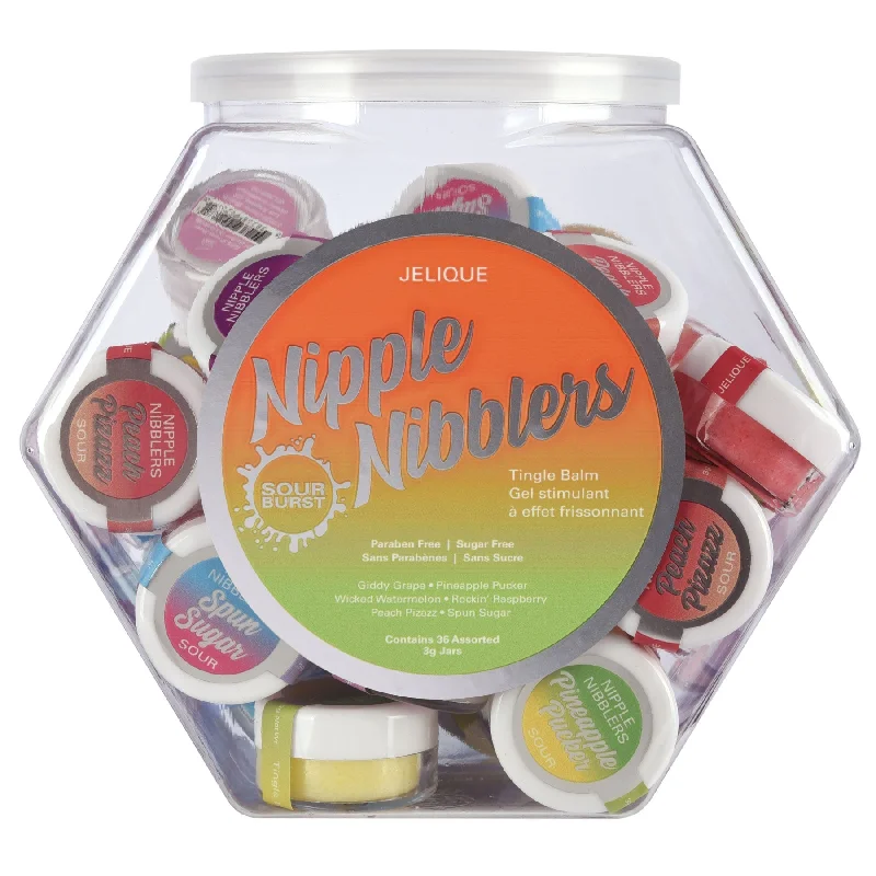 adult toys with textured material finish-Nipple Nibbler Sour Tingle Balm Assorted - 36 Pc. Bowl - 3g Jar