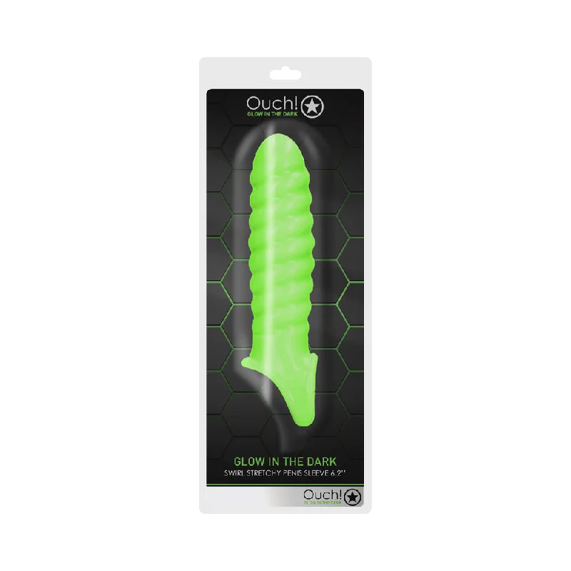 adult toys silicone material-Ouch! Glow in the Dark Swirl Stretchy 6.2 in. Penis Sleeve Neon Green