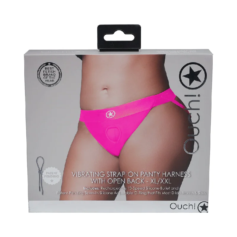 adult toys with pulse settings-Ouch! Vibrating Strap-on Panty Harness with Open Pink Black XL/XXL