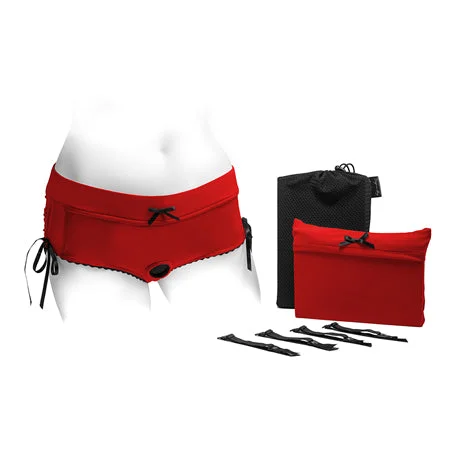 adult toys with vibration finish settings-SpareParts Sasha Cinch Booty Short Harness Red/Black Size 3XL