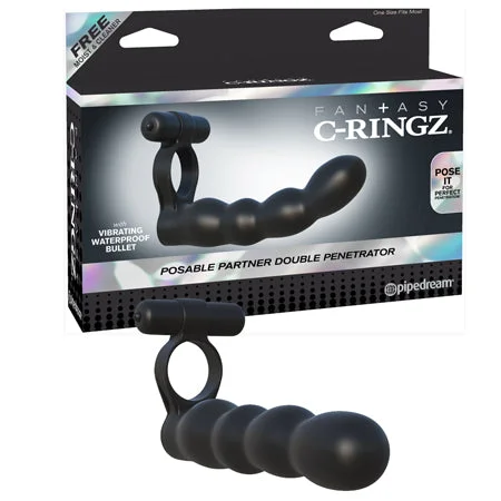 adult toys for sensory stimulation-Pipedream Fantasy C-Ringz Posable Partner Double Penetrator Vibrating Cockring Black