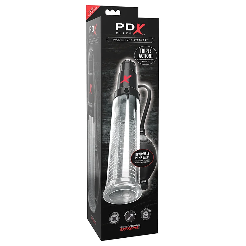 adult toys with curved design-PDX Elite Suck-N-Pump Vibrating Penis Pump & Stroker Clear