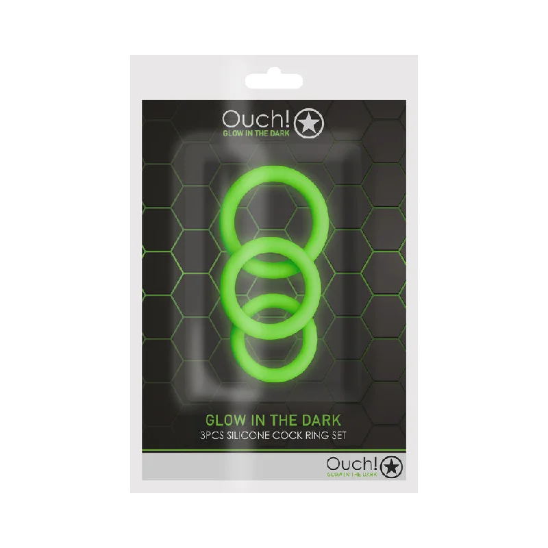 adult toys luxury collection-Ouch! Glow in the Dark 3-Piece Silicone Cockring Set Neon Green