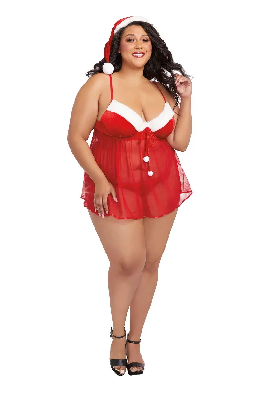 adult toys for discreet fun time-Santa Babydoll, Thong and Hat - 3x - Lipstick Red