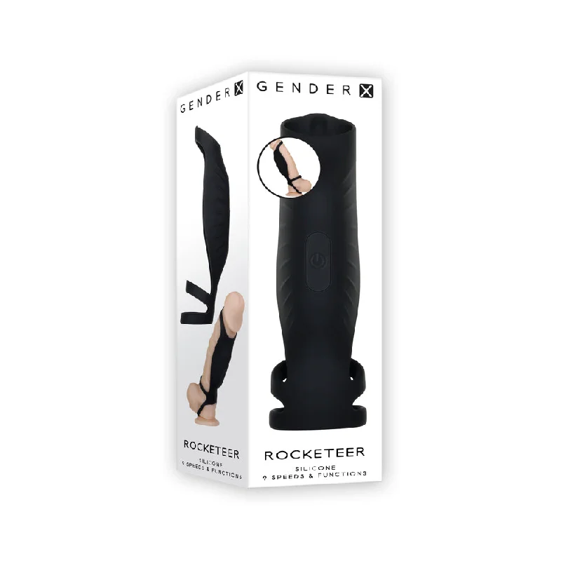 adult toys with textured silicone settings-Gender X Rocketeer Rechargeable Triple-Ring Vibrating Silicone Penis Sheath Black