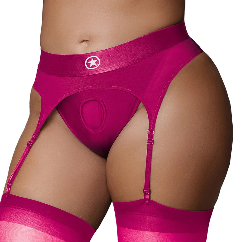 adult toys with adjustable design-Ouch! Vibrating Strap-on Thong with Adjustable Garters Pink XL/XXL