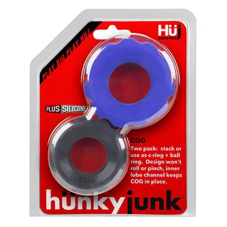 adult toys with heat function-Hunkyjunk COG 2 size c-ring, pack, cobalt / tar