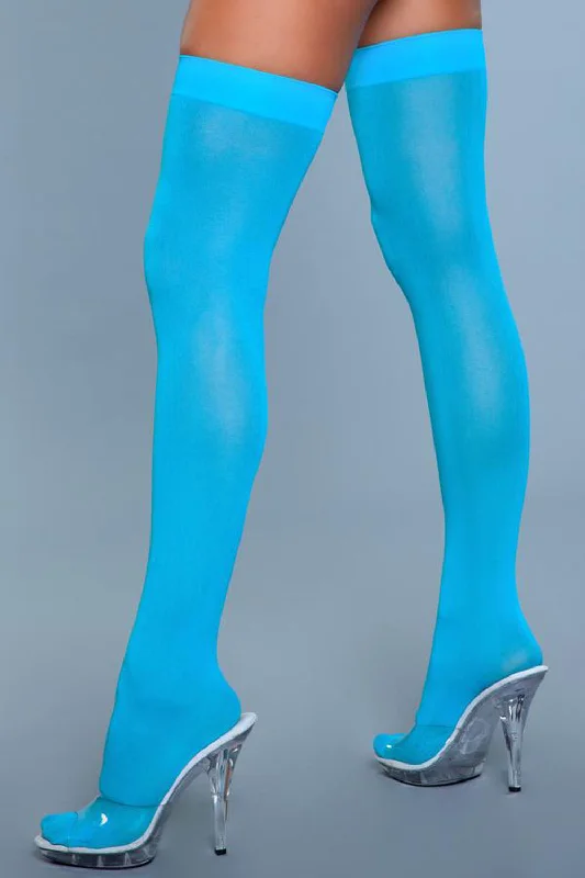 adult toys with soft design finish-Opaque Nylon Thigh Highs - Turquoise - One Size