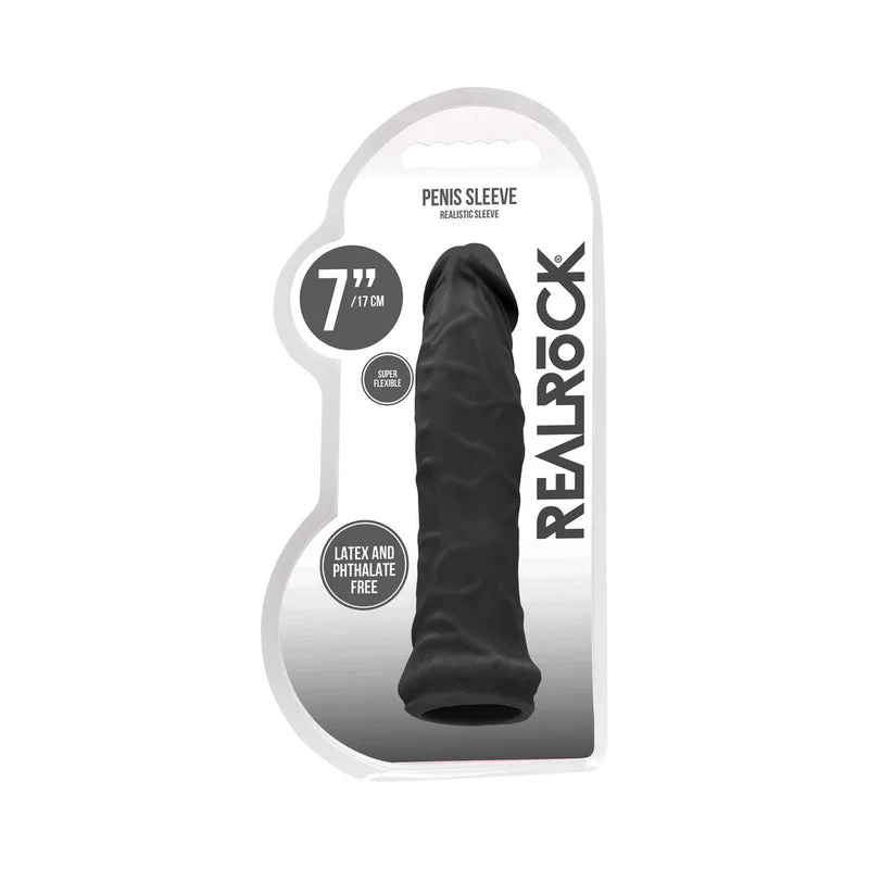 adult toys with wireless feature-RealRock Skin 6 in. Penis Extender Sleeve Black