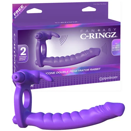 adult toys for adventurous play-Pipedream Fantasy C-Ringz Double Penetrator Vibrating Rabbit Dual Entry Cockring Purple