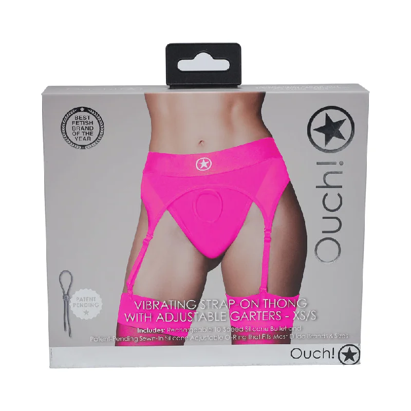 adult toys for solo intimacy-Ouch! Vibrating Strap-on Thong with Adjustable Garters Pink XS/S