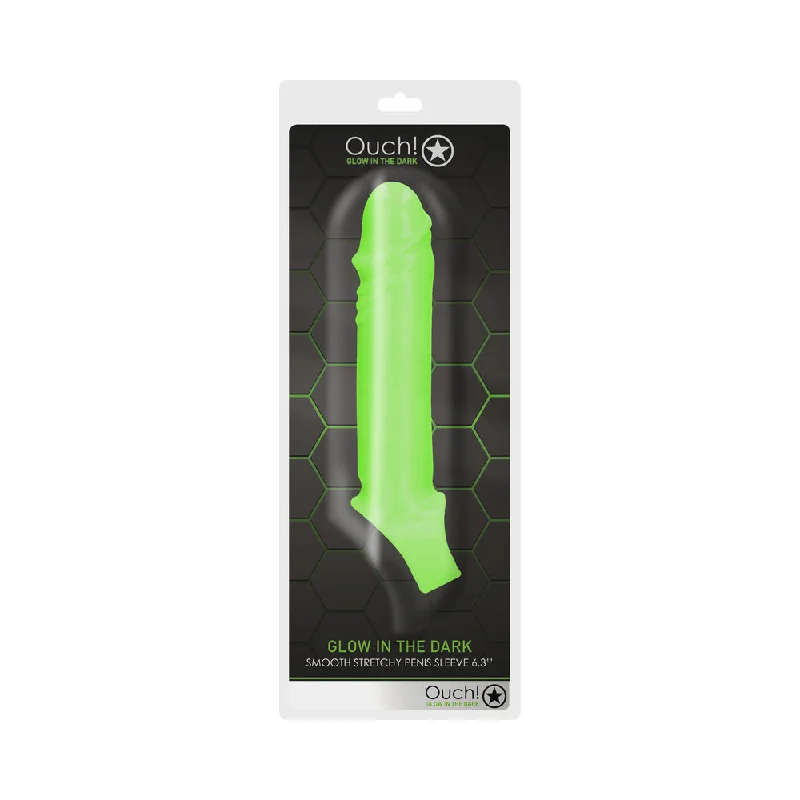 adult toys for men-Ouch! Glow in the Dark Smooth Stretchy 6.3 in. Penis Sleeve Neon Green