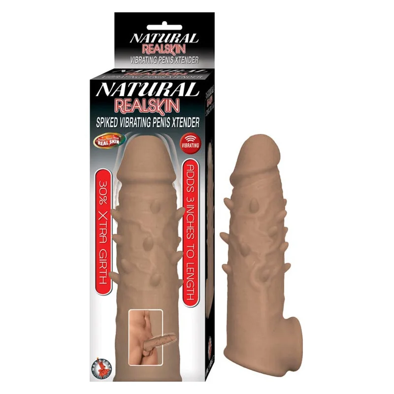 adult toys for sensual relaxation-Natural Realskin Spiked Vibrating Penis Xtender - Brown