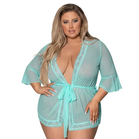 adult toys with adjustable settings-Magic Silk Seabreeze Robe With Lace Trim Turquoise Queen Size