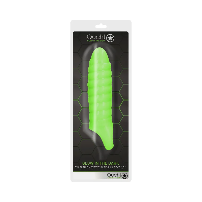 adult toys with remote-Ouch! Glow in the Dark Swirl Thick Stretchy 6.3 in. Penis Sleeve Neon Green