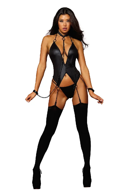 adult toys with quiet settings-Fetish Short Garter Slip With Restraints and G-String - One Size - Black