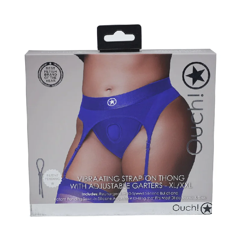 adult toys for private enjoyment-Ouch! Vibrating Strap-on Thong with Adjustable Garters Royal Blue XL/XXL