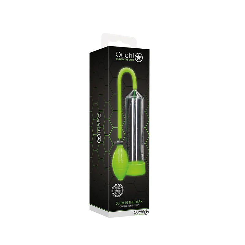 adult toys battery operated-Ouch! Glow in the Dark Classic Penis Pump Neon Green