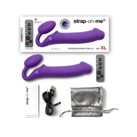 adult toys with sleek silicone-Strap-On-Me Rechargeable Remote-Controlled Silicone Vibrating Bendable Strap-On Purple XL