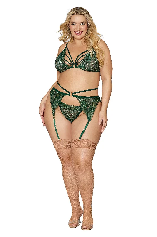 adult toys with wireless settings-Bralette With Garter Belt and G-String - Queen Size - Evergreen