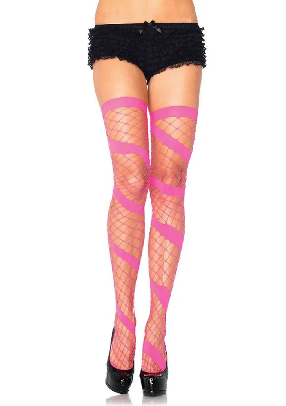 adult toys for couples fun time-Swirl Diamond Net Thigh Highs - One Size - Neon Pink