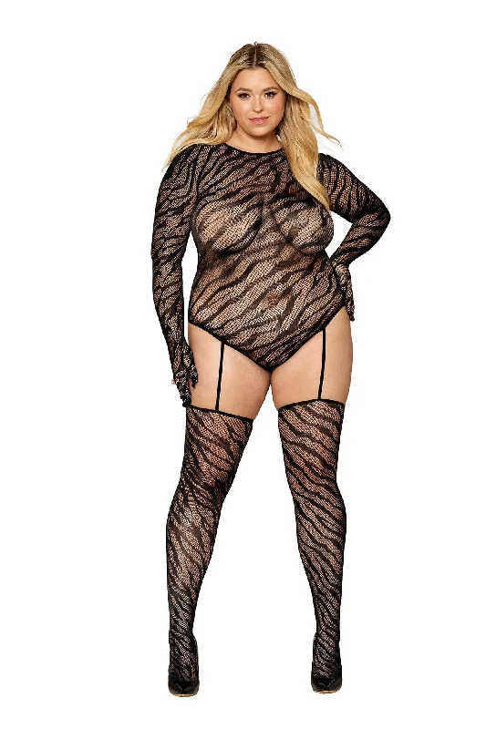 adult toys with textured silicone design-Teddy Bodystocking With Fingered Gloves - Queen Size - Black