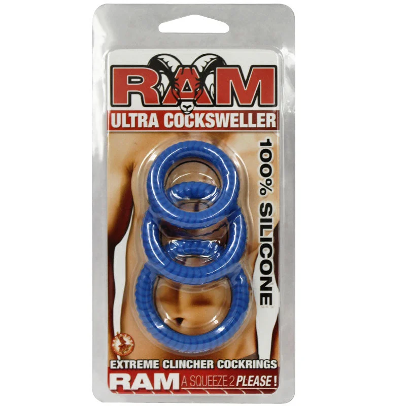 adult toys for solo relaxation-Ram Ultra Silicone Cocksweller 3 Cock Rings (Blue)