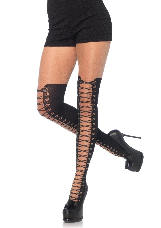 adult toys for personal enjoyment time-All Tied Up Pantyhose With Opaque Faux Thigh High Boot Detail - One Size