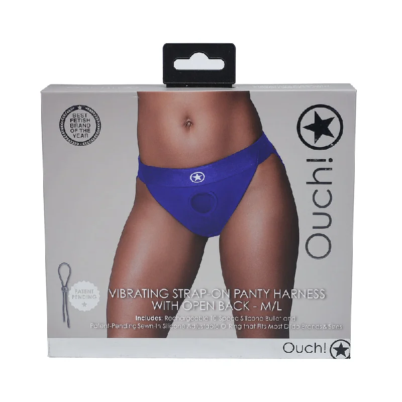 adult toys with flexible tip design-Ouch! Vibrating Strap-on Panty Harness with Open Royal Blue Black M/L