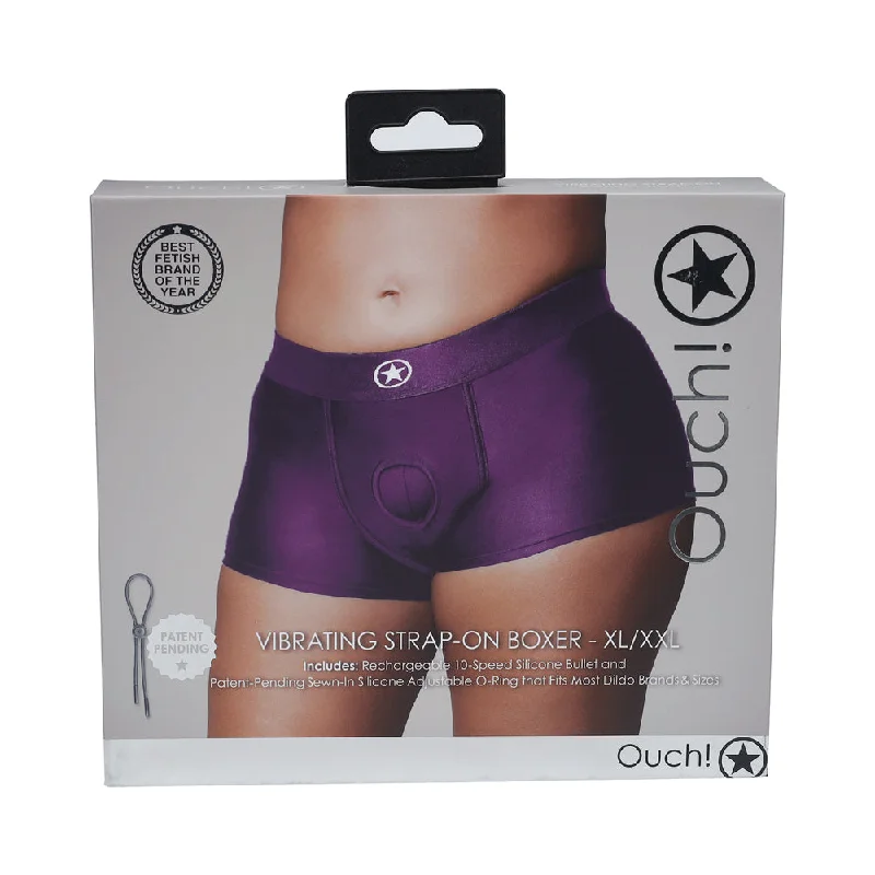 adult toys with ergonomic shape-Ouch! Vibrating Strap-on Boxer Purple XL/XXL