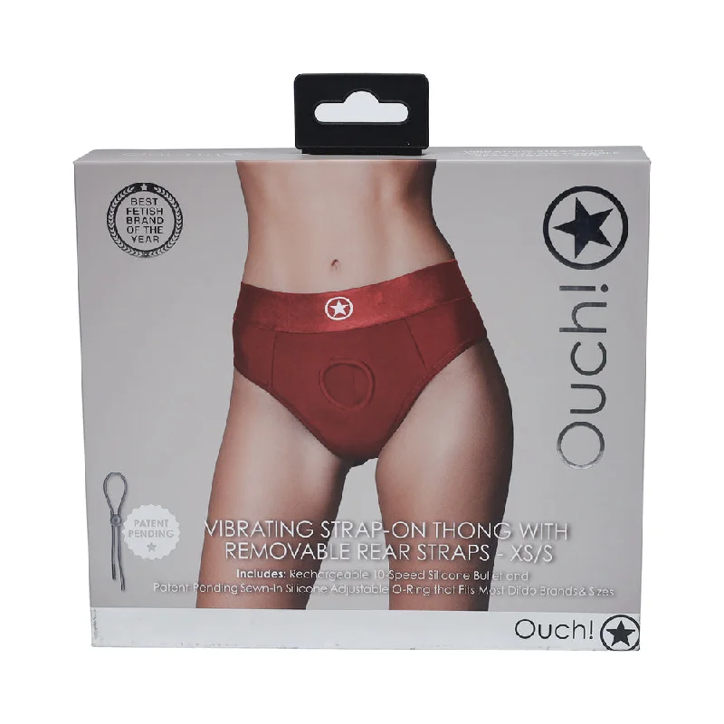 adult toys for discreet pleasure-Ouch! Vibrating Strap-on Thong with Removable Butt Straps Red XS/S