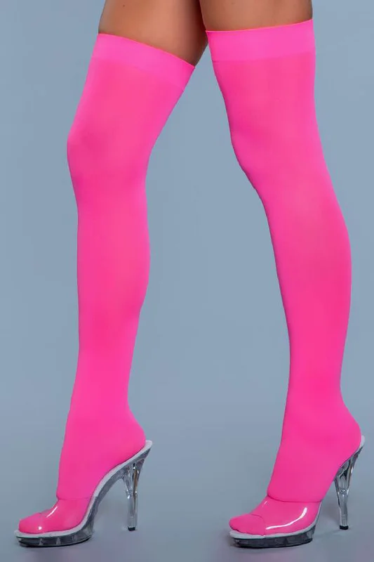 adult toys for personal intimacy-Opaque Nylon Thigh Highs - Neon Pink - One Size