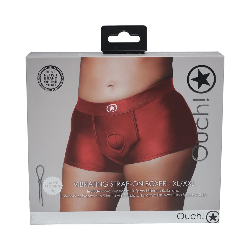 adult toys with heat feature-Ouch! Vibrating Strap-on Boxer Red XL/XXL