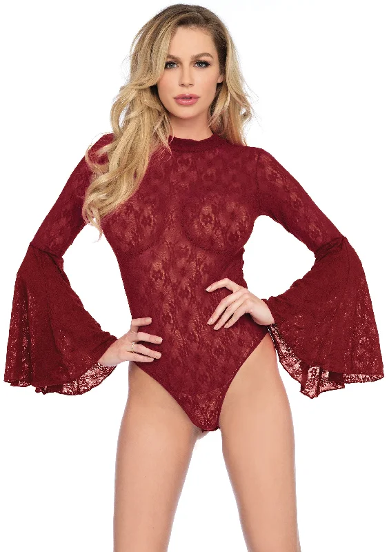 adult toys with heat technology finish-High Neck Stretch Lace Bell Sleeve Bodysuit - One Size - Burgundy